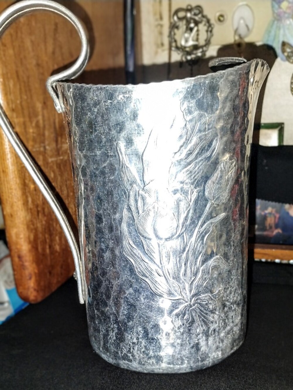 Vintage Hammered Aluminum Pitcher Swing Handle Embossed Tulips Retro Barware